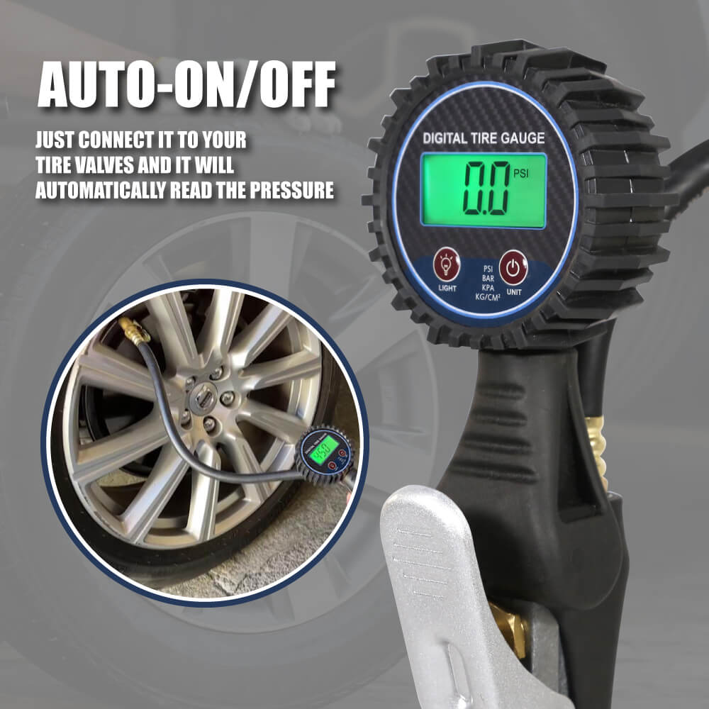 Emphasize the auto ON/OFF feature, reassuring users of its energy-efficient and convenient design. Showcase the inflator in a way that captures its automatic functionality, ideal for quick and safe tire adjustments.